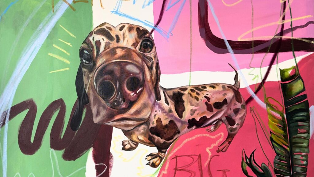 Painting of a dog on a colorful background